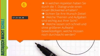 
17.15-18.30

 In welchen Aspekten haben Sie
durch die 1. Dialogrunde einen
neuen Blickwinkel erhalten?
 Sichten Sie Ihre Wunsch-Zettel!
 Welche Themen und Aufgaben
sind wichtig aus Ihrer Sicht?
 Welche lassen sich schnell und
ohne größeren Aufwand
bewerkstelligen, welche müssen
noch durchdacht werden?

27

 