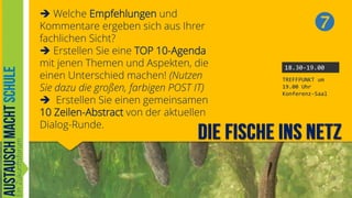  Welche Empfehlungen und
Kommentare ergeben sich aus Ihrer
fachlichen Sicht?
 Erstellen Sie eine TOP 10-Agenda
mit jenen Themen und Aspekten, die
einen Unterschied machen! (Nutzen
Sie dazu die großen, farbigen POST IT)
 Erstellen Sie einen gemeinsamen
10 Zeilen-Abstract von der aktuellen
Dialog-Runde.


18.30-19.00
TREFFPUNKT um
19.00 Uhr
Konferenz-Saal

28

 