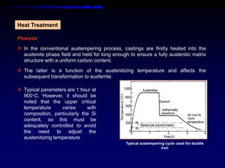 Heat Treatment

Process:

 In the conventional austempering process, castings are firstly heated into the
  austenite phase field and held for long enough to ensure a fully austenitic matrix
  structure with a uniform carbon content.

 The latter is a function of the austenitizing temperature and affects the
  subsequent transformation to ausferrite.

 Typical parameters are 1 hour at
  900C. However, it should be
  noted that the upper critical
  temperature      varies     with
  composition, particularly the Si
  content, so this must be
  adequately controlled to avoid
  the need to adjust the
  austenitizing temperature
                                                Typical austempering cycle used for ductile
                                                                   iron
 