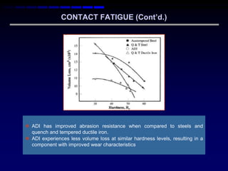 CONTACT FATIGUE (Cont‟d.)




 ADI has improved abrasion resistance when compared to steels and
  quench and tempered ductile iron.
 ADI experiences less volume loss at similar hardness levels, resulting in a
  component with improved wear characteristics
 