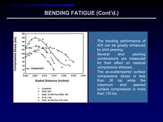 BENDING FATIGUE (Cont‟d.)




                The bending performance of
                 ADI can be greatly enhanced
                 by shot peening.
                Several      shot    peening
                 combinations are measured
                 for their effect on residual
                 compressive stresses.
                The as-austempered surface
                 compressive stress is less
                 than 30 ksi while the
                 maximum       shot    peened
                 surface compression is more
                 than 130 ksi.
 