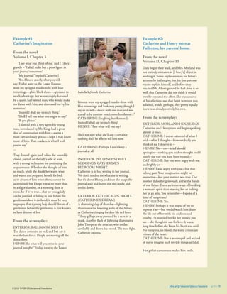 Example #1:
Catherine’s Imagination

Example #2:
Catherine and Henry meet at
Fullerton, her parents’ home.

From the novel
Volume I, Chapter 3
	 “I see what you think of me,” said [Tilney]
gravely – “I shall make but a poor ﬁgure in
your journal tomorrow.”
	 “My journal!”[replied Catherine]
	 “Yes, I know exactly what you will
say: Friday went to the Lower Rooms;
wore my sprigged muslin robe with blue
trimmings—plain black shoes—appeared to
much advantage; but was strangely harassed
by a queer, half-witted man, who would make
me dance with him, and distressed me by his
nonsense.”
	 “Indeed I shall say no such thing.”
	 “Shall I tell you what you ought to say?”
	 “If you please.”
	 “I danced with a very agreeable young
man, introduced by Mr. King; had a great 	
deal of conversation with him—seems a 	
most extraordinary genius—hope I may know
more of him. That, madam, is what I wish
you to say.”
…
They danced again; and, when the assembly
closed, parted, on the lady’s side at least,
with a strong inclination for continuing the
acquaintance. Whether she thought of him
so much, while she drank her warm wine
and water, and prepared herself for bed,
as to dream of him when there, cannot be
ascertained; but I hope it was no more than
in a slight slumber, or a morning doze at
most, for if it be true…that no young lady
can be justiﬁed in falling in love before the
gentleman’s love is declared, it must be very
improper that a young lady should dream of a
gentleman before the gentleman is ﬁrst known
to have dreamt of her.

From the screenplay:
INTERIOR. BALLROOM. NIGHT.
The dance comes to an end, and let’s say it
was the last dance. People are moving off the
dance ﬂoor.
HENRY: So what will you write in your
journal tonight? “Friday, went to the Lower

©2010 WGBH Educational Foundation

From the novel
Volume II, Chapter 15

Isabella befriends Catherine
Rooms, wore my sprigged muslin dress with
blue trimmings and look very pretty though I
say so myself—dance with one man and was
stared at by another much more handsome…”
CATHERINE (laughing, but ﬂattered):
Indeed I shall say no such thing!
HENRY: Then what will you say?
She’s not sure what she’ll say—certainly
nothing she’d be able to tell him now.
CATHERINE: Perhaps I don’t keep a
journal at all
INTERIOR. PULTENEY STREET
LODGINGS. CATHERINE’S
BEDROOM. NIGHT.
Catherine is in bed writing in her journal. 	
We don’t need to see what she is writing,
but it’s about Henry, and then she snaps the
journal shut and blows out the candle and
settles down.
EXTERIOR. GOTHIC RUIN. NIGHT.
(CATHERINE’S DREAM)
A shattering clap of thunder—lightning
illuminates the lowering walls of the Abbey,
as Catherine clinging for dear life to Henry
Tilney gallops away pursued by a man in a
mask. Another ﬂash of lightning illuminates
John Thorpe as the attacker, who smiles
devilishly and draws his sword. The men ﬁght,
Catherine swoons.

They began their walk, and Mrs. Morland was
not entirely mistaken in [Henry’s] object in
wishing it. Some explanation on his father’s
account he had to give; but his ﬁrst purpose
was to explain himself, and before they
reached Mr. Allen’s ground he had done it so
well, that Catherine did not think it would
ever be repeated too often. She was assured
of his affection; and that heart in return was
solicited, which, perhaps, they pretty equally
knew was already entirely his own.

From the screenplay:
EXTERIOR. MORLAND HOUSE. DAY.
Catherine and Henry turn and begin speaking
almost at once.
CATHERINE: I am so ashamed of what I
said—what I thought—however badly you
think of me I deserve it –
HENRY: No—no—it is I should
apologize—nothing you said or thought could
justify the way you have been treated—
CATHERINE: But you were angry with me,
and rightly so—
HENRY: I was angry with you—but that
is long past. Your imagination might be
overactive—but your instinct was true. Our
mother did suffer grievously, and at the hands
of our father. There are more ways of breaking
a woman’s spirit than starving her or locking
her in an attic. You remember—I spoke of a
kind of vampirism?
CATHERINE: Yes.
HENRY: Perhaps it was stupid of me to
express it so—but we did watch him drain
the life out of her with his coldness and
cruelty. He married her for her money, you
see—she thought it was for love. It was a
long time before she knew his heart was cold.
No vampires, no blood: the worst crimes are
crimes of the heart.
CATHERINE: But it was stupid and wicked
of me to imagine such terrible things as I did.
Her girlish earnestness makes him smile.

pbs.org/masterpiece/austen 9 9

 