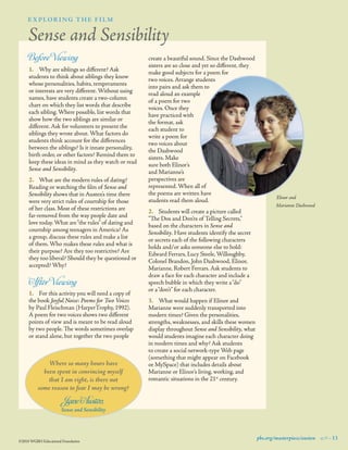 explor i ng the fi lm

Sense and Sensibility
Before Viewing

1.	 Why are siblings so different? Ask
students to think about siblings they know
whose personalities, habits, temperaments
or interests are very different. Without using
names, have students create a two-column
chart on which they list words that describe
each sibling. Where possible, list words that
show how the two siblings are similar or
different. Ask for volunteers to present the
siblings they wrote about. What factors do
students think account for the differences
between the siblings? Is it innate personality,
birth order, or other factors? Remind them to
keep these ideas in mind as they watch or read
Sense and Sensibility.
2.	 What are the modern rules of dating?
Reading or watching the ﬁlm of Sense and
Sensibility shows that in Austen’s time there
were very strict rules of courtship for those
of her class. Most of these restrictions are
far-removed from the way people date and
love today. What are “the rules” of dating and
courtship among teenagers in America? As
a group, discuss these rules and make a list
of them. Who makes these rules and what is
their purpose? Are they too restrictive? Are
they too liberal? Should they be questioned or
accepted? Why?

Af ter Viewing

1.	 For this activity you will need a copy of
the book Joyful Noise: Poems for Two Voices
by Paul Fleischman (HarperTrophy, 1992).
A poem for two voices shows two different
points of view and is meant to be read aloud
by two people. The words sometimes overlap
or stand alone, but together the two people

Where so many hours have
been spent in convincing myself
that I am right, is there not
some reason to fear I may be wrong?

create a beautiful sound. Since the Dashwood
sisters are so close and yet so different, they
make good subjects for a poem for
two voices. Arrange students
into pairs and ask them to
read aloud an example
of a poem for two
voices. Once they
have practiced with
the format, ask
each student to
write a poem for
two voices about
the Dashwood
sisters. Make
sure both Elinor’s
and Marianne’s
perspectives are
represented. When all of
the poems are written have
students read them aloud.
2.	 Students will create a picture called  
“The Dos and Don’ts of Telling Secrets,”
based on the characters in Sense and
Sensibility. Have students identify the secret
or secrets each of the following characters
holds and/or asks someone else to hold:
Edward Ferrars, Lucy Steele, Willoughby,
Colonel Brandon, John Dashwood, Elinor,
Marianne, Robert Ferrars. Ask students to
draw a face for each character and include a
speech bubble in which they write a “do” 	
or a “don’t” for each character.

Elinor and
Marianne Dashwood

3.	 What would happen if Elinor and
Marianne were suddenly transported into
modern times? Given the personalities,
strengths, weaknesses, and skills these women
display throughout Sense and Sensibility, what
would students imagine each character doing
in modern times and why? Ask students
to create a social network-type Web page
(something that might appear on Facebook
or MySpace) that includes details about
Marianne or Elinor’s living, working, and
romantic situations in the 21st century.

Jane Austen,

Sense and Sensibility

©2010 WGBH Educational Foundation

pbs.org/masterpiece/austen 9 13

 