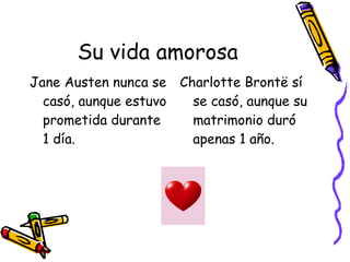 Su vida amorosa Jane Austen nunca se casó, aunque estuvo prometida durante 1 día. Charlotte Brontë sí se casó, aunque su matrimonio duró apenas 1 año. 