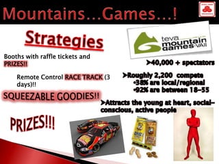 Booths with raffle tickets and
PRIZES!!

    Remote Control RACE TRACK (3
    days)!!
 