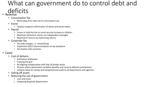 What can government do to control debt and
deficits• Revenue
• Consumption Tax
• Move away from sales tax to consumption tax
• Excise
• Taxation programs (elimination of duties and excise taxes)
• Payroll
• Freeze or hold the line to social security increase to inflation
• Maximize retirement returns via independent oversight
• Maximize EI returns by maximizing returns
• Corporate Tax
• Tax code changes, i.e. streamlining
• Implement OECD recommendation on tax avoidance
• Tax treaties with countries
• Costs
• Cost of delivery
• Arbitration settlement
• Freezing the grid
• Re-aligning compensation with that of private sector
• Pension reform (elimination of define benefits and move to defined contribution)
• Institute value for money and comprehensive audit to all departments and agencies
• Selling off assets
• Reducing the size of government
• Lean and mean
• Collapsing duplicate departments
 