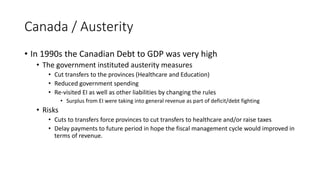 Canada / Austerity
• In 1990s the Canadian Debt to GDP was very high
• The government instituted austerity measures
• Cut transfers to the provinces (Healthcare and Education)
• Reduced government spending
• Re-visited EI as well as other liabilities by changing the rules
• Surplus from EI were taking into general revenue as part of deficit/debt fighting
• Risks
• Cuts to transfers force provinces to cut transfers to healthcare and/or raise taxes
• Delay payments to future period in hope the fiscal management cycle would improved in
terms of revenue.
 