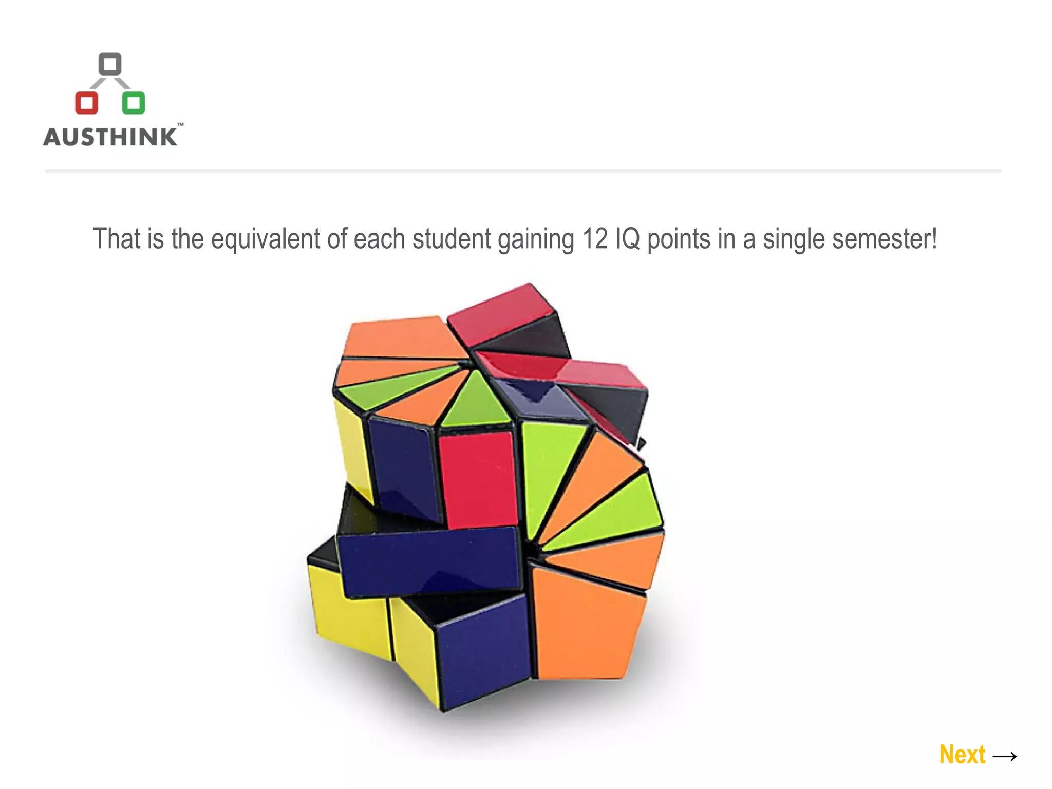 Next   -> That is the equivalent of each student gaining 12 IQ points in a single semester! 