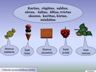 Kartus, rūgštus, saldus,
                    sūrus, šaltas, šiltas, tvirtas
                      skanus, karštas, kietas,
                             minkštas




   Skanus                         Skanus     Saldi
                   Šalti                                Kieti
  saldainis                      sausainis   avietė   riešutai
                   ledai




Uţduotis savarankiškam darbui.
                                                           Dvibalsiai
 