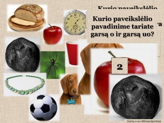 Kurio paveikslėlio
 Kurio paveikslėlio
            Šuo
         pavadinimo
   Pavadinkite paveikslėlius.
   Obuolys yrayra
       pavadinimo
 Kurio paveikslėlio
 tariate Šuo
       Akmuo
Pasakykite, kurį garsą – o ar uo –
pavadinimegarsas
 paskutinis tariate
     Obuolys
  pirmas garsas
         pavadinime. (Pakelkite
               uo? uo?
   Puodelis
garsą o iro?kortelę).
       atitinkamą
Laikrodis – yra
Kamuolys
  Akmuo
    Duona
      Voras
    Karoliai
                garsą
Kelintas garsas – o ar uo
   pavadinime. (Pakelkite
      atitinkamą skaičių).



    1       4
            2
            5        3




                 Garsų o-uo diferencijavimas
 