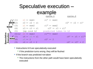 Speculative execution –Speculative execution –
exampleexample
cycle 1 cycle 2
(1) r1  mem1 r1’  mem1
(2) r2  r2 + r1 r2’  r2 + r1’
(3) r1  mem2 r1”  mem2
(4) r3  r3 + r1 r3’  r3 + r1”
(5) jmp cond L2 predicted taken to L2
(6)L2 r1  mem3 r1”’ mem3
(7) r4  r5 + r1 r4’  r5 + r1”’
(8) r5  2 r5’  2
(9) r6  r5 + 2 r6’  r5’ + 2
 Instructions 6-9 are speculatively executed
 If the prediction turns wrong, they will be flushed
 If the branch was predicted not-taken
 The instructions from the other path would have been speculatively
executed
WAW
WAW
WAR
Speculative
Execution
 