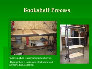 Bookshelf Process Above picture is unfinished pine shelves. Right picture is unfinished steel frame and unfinished pine shelves. 