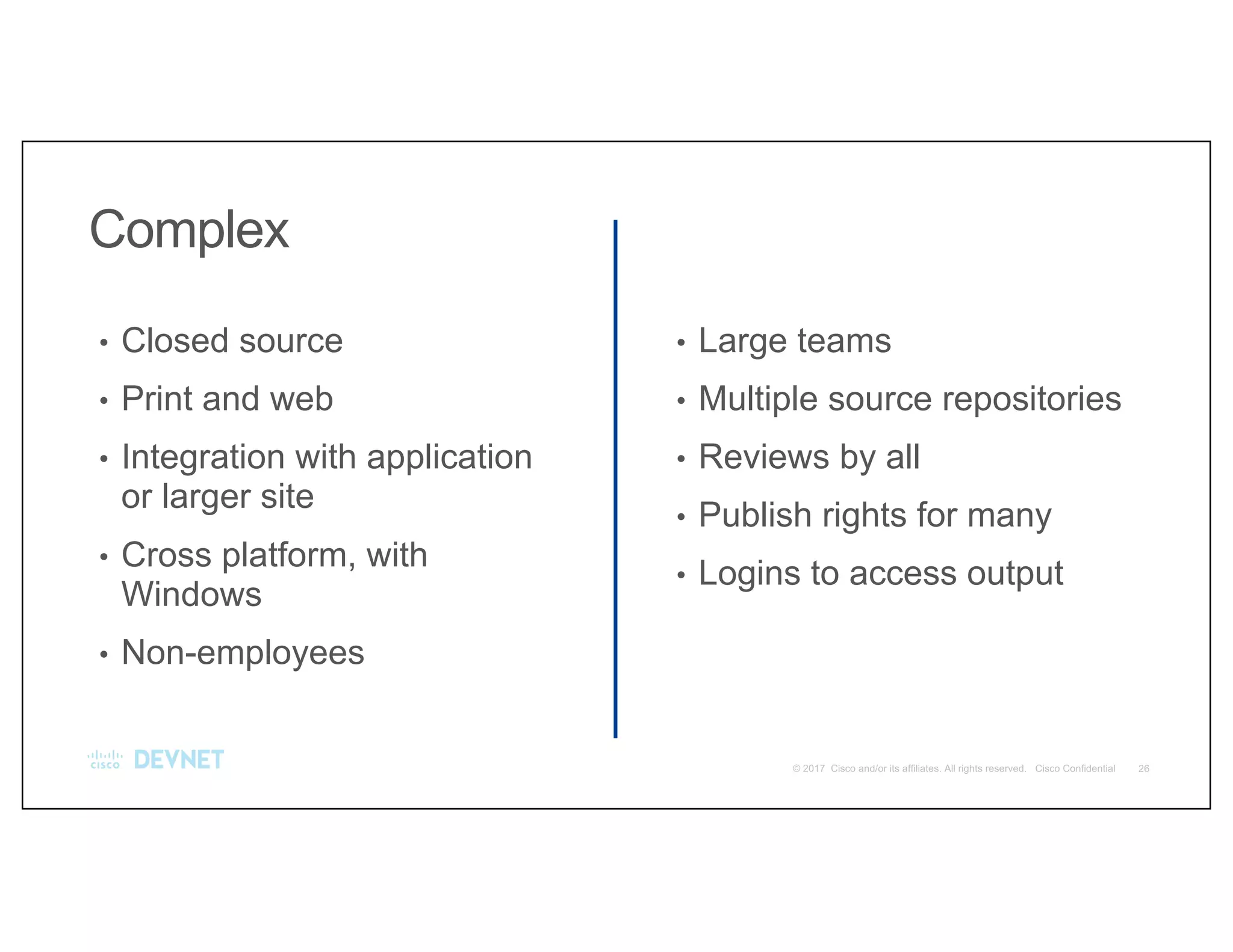 Complex
• Closed source
• Print and web
• Integration with application
or larger site
• Cross platform, with
Windows
• Non-employees
• Large teams
• Multiple source repositories
• Reviews by all
• Publish rights for many
• Logins to access output
 
