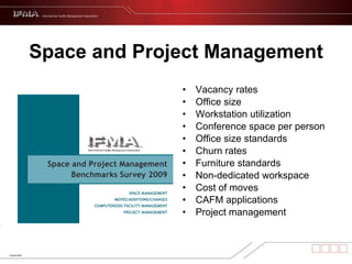 Space and Project Management Vacancy rates  Office size  Workstation utilization  Conference space per person  Office size standards  Churn rates  Furniture standards  Non-dedicated workspace  Cost of moves  CAFM applications  Project management  