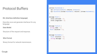Protocol Buffers
IDL (Interface deﬁnition language)
Describe once and generate interfaces for any
language.
Data Model
Structure of the request and response.
Wire Format
Binary format for network transmission.
service RouteGuide {
rpc GetFeature(Point) returns (Feature);
rpc RouteChat(stream RouteNote) returns (stream RouteNote);
}
message Point {
int32 latitude = 1;
int32 longitude = 2;
}
message Feature {
string name = 1;
Point location = 2;
}
message RouteNote {
Point location = 1;
string message = 2;
}
 
