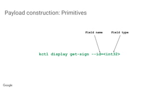 Payload construction: Primitives
kctl display get-sign --id=<int32>
Field name Field type
 
