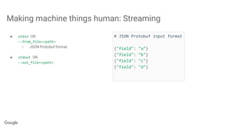 Making machine things human: Streaming
● stdin OR
--from_file=<path>
○ JSON Protobuf format
● stdout OR
--out_file=<path>
# JSON Protobuf input format
{"field": "a"}
{"field": "b"}
{"field": "c"}
{"field": "d"}
 