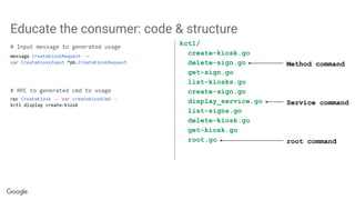 kctl/
create-kiosk.go
delete-sign.go
get-sign.go
list-kiosks.go
create-sign.go
display_service.go
list-signs.go
delete-kiosk.go
get-kiosk.go
root.go
Educate the consumer: code & structure
Service command
root command
Method command
# Input message to generated usage
message CreateKioskRequest →
var CreateKioskInput *pb.CreateKioskRequest
# RPC to generated cmd to usage
rpc CreateKiosk → var createKioskCmd →
kctl display create-kiosk
 