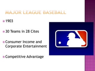 Major League baseball190330 Teams in 28 CitesConsumer Income and Corporate EntertainmentCompetitive Advantage