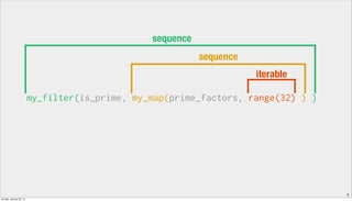 6
my_filter(is_prime, my_map(prime_factors, range(32) ) )
iterable
sequence
sequence
Sunday, January 25, 15
 