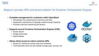 Magnum  provides  APIs  and  tenant  isolation  for  Container  Orchestration  Engines
• Complete  management  for  contai...