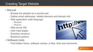 Crawling Target Website
• Manual
- Browse the website as a normal user
- Gather email addresses, related domains and domain info
- Web application code language
o Revision
o Plug-ins
- Web server OS
- User input pages
- Directory structure
- Backend systems
• Software tools
- Find hidden forms, software version, js files, links and comments
 