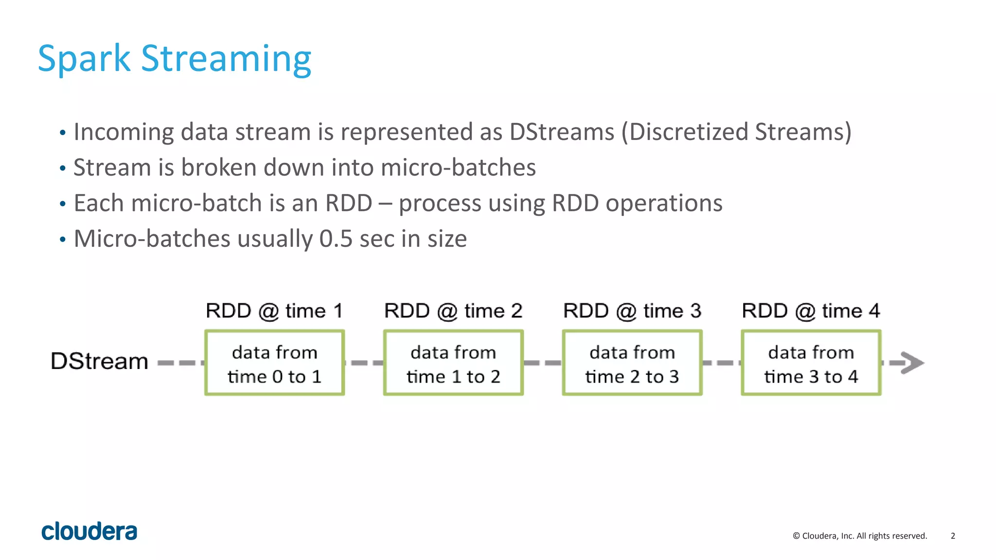 2© Cloudera, Inc. All rights reserved.
Spark Streaming
• Incoming data stream is represented as DStreams (Discretized Streams)
• Stream is broken down into micro-batches
• Each micro-batch is an RDD – process using RDD operations
• Micro-batches usually 0.5 sec in size
 