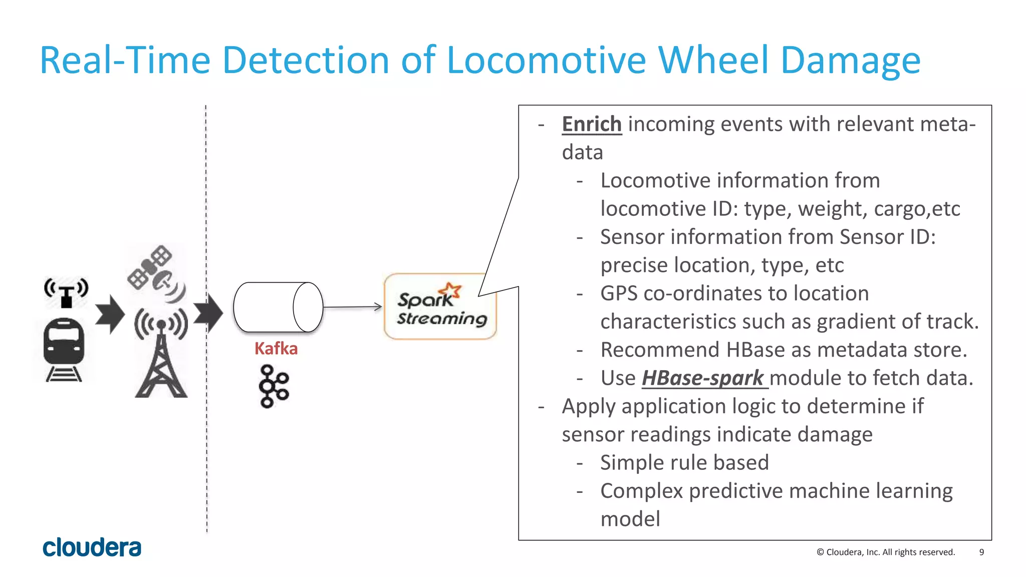 9© Cloudera, Inc. All rights reserved.
Real-Time Detection of Locomotive Wheel Damage
Kafka
- Enrich incoming events with relevant meta-
data
- Locomotive information from
locomotive ID: type, weight, cargo,etc
- Sensor information from Sensor ID:
precise location, type, etc
- GPS co-ordinates to location
characteristics such as gradient of track.
- Recommend HBase as metadata store.
- Use HBase-spark module to fetch data.
- Apply application logic to determine if
sensor readings indicate damage
- Simple rule based
- Complex predictive machine learning
model
 