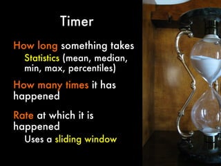 Timer
How long something takes


Statistics (mean, median,
min, max, percentiles)

How many times it has
happened


Rate at which it is
happened
Uses a sliding window

 