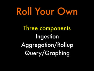 Roll Your Own
Three components
Ingestion
Aggregation/Rollup
Query/Graphing

 