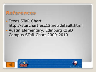ReferencesTexas STaRChart http://starchart.esc12.net/default.htmlAustin Elementary, Edinburg CISD Campus STaR Chart 2009-2010