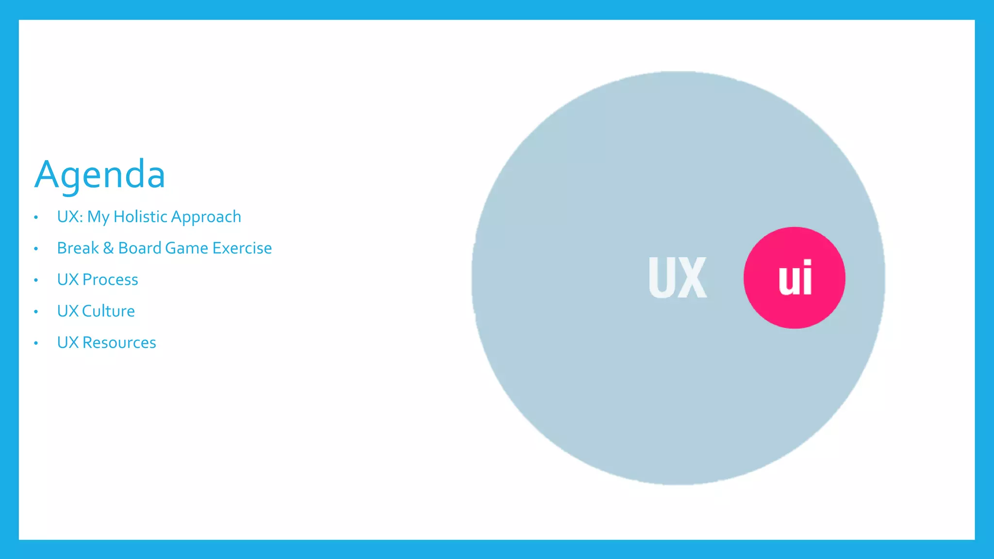 Agenda
• UX: My Holistic Approach
• Break & Board Game Exercise
• UX Process
• UX Culture
• UX Resources
 