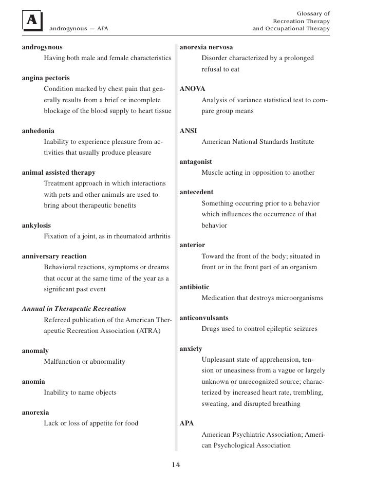 Glossary of Recreation Therapy and Occupational Therapy
