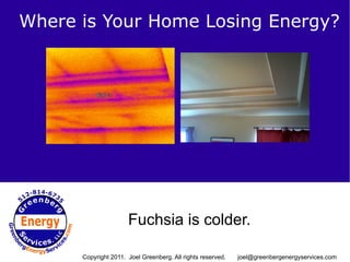 Where is Your Home Losing Energy?




                      Fuchsia is colder.

      Copyright 2011. Joel Greenberg. All rights reserved.   joel@greenbergenergyservices.com
 