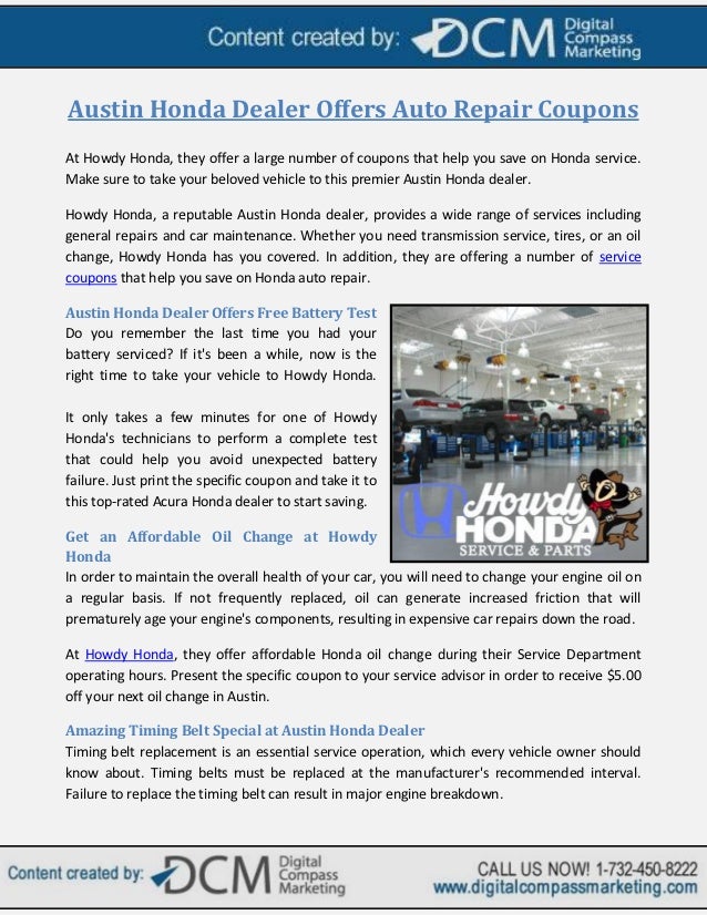 Austin honda dealer offers auto repair coupons