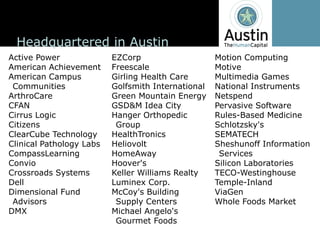 Headquartered  in  Austin
Active  Power               EZCorp                      Motion  Computing
American  Achievement       Freescale                   Motive
American  Campus            Girling Health  Care        Multimedia  Games
 Communities                Golfsmith  International    National  Instruments
ArthroCare                  Green  Mountain  Energy     Netspend
CFAN                        GSD&M  Idea  City           Pervasive  Software
Cirrus  Logic               Hanger  Orthopedic          Rules-­Based  Medicine
Citizens                     Group                      Schlotzsky's
ClearCube Technology        HealthTronics               SEMATECH
Clinical  Pathology  Labs   Heliovolt                   Sheshunoff Information  
CompassLearning             HomeAway                     Services
Convio                      Hoover's                    Silicon  Laboratories
Crossroads  Systems         Keller  Williams  Realty    TECO-­Westinghouse
Dell                        Luminex Corp.               Temple-­Inland
Dimensional  Fund           McCoy's  Building           ViaGen
 Advisors                    Supply  Centers            Whole  Foods  Market
DMX                         Michael  Angelo's  
                             Gourmet  Foods
 