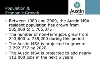 Population  &  
Economic  Growth

 Between  1980  and  2009,  the  Austin  MSA  
 resident  population  has  grown  from  
 585,000  to  1,705,075
 The  number  of  non-­farm  jobs  grew  from  
 243,800  to  758,200  during  this  period
 The  Austin  MSA  is  projected  to  grow  to  
 2,292,737  by  2020
 The  Austin  MSA  is  projected  to  add  nearly  
 112,000  jobs  in  the  next  5  years
 