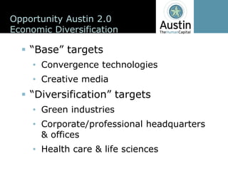 Opportunity  Austin  2.0
Economic  Diversification


       Convergence  technologies
       Creative  media


       Green  industries
       Corporate/professional  headquarters  
       &  offices
       Health  care  &  life  sciences
 
