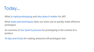 Today...
What is and for AR?
What does our team use to quickly make effective
prototypes
An overview of for prototyping in the context of a
product
for making awesome AR prototypes fast
 
