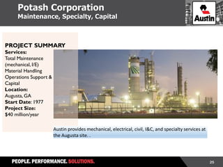 25
Potash Corporation
Maintenance, Specialty, Capital
PROJECT SUMMARY
Services:
Total Maintenance
(mechanical, I/E)
Material Handling
Operations Support &
Capital
Location:
Augusta, GA
Start Date: 1977
Project Size:
$40 million/year
Austin provides mechanical, electrical, civil, I&C, and specialty services at
the Augusta site. .
 