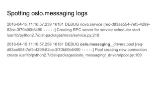 Spotting oslo.messaging logs
2016-04-15 11:16:57.239 16181 DEBUG nova.service [req-d83ae554-7ef5-4299-
82ce-3f70b00b6490 - - - - -] Creating RPC server for service scheduler start
/usr/lib/python2.7/dist-packages/nova/service.py:218
2016-04-15 11:16:57.258 16181 DEBUG oslo.messaging._drivers.pool [req-
d83ae554-7ef5-4299-82ce-3f70b00b6490 - - - - -] Pool creating new connection
create /usr/lib/python2.7/dist-packages/oslo_messaging/_drivers/pool.py:109
 