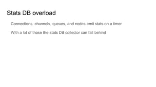 Stats DB overload
Connections, channels, queues, and nodes emit stats on a timer
With a lot of those the stats DB collector can fall behind
 