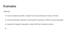 Examples
Internal:
● nova-compute sends a report to nova-conductor every minute
● nova-conductor sends a command to spawn a VM to nova-compute
● neutron-l3-agent requests router list from neutron-server
● …
 