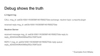Debug shows the truth
L3 Agent log
CALL msg_id: ae63b165611f439098f1461f906270de exchange: neutron topic: q-reports-plugin...
