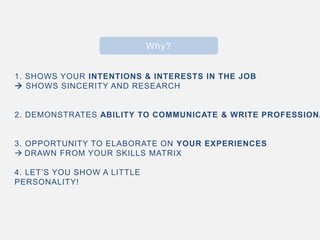 Why?
1. SHOWS YOUR INTENTIONS & INTERESTS IN THE JOB
 SHOWS SINCERITY AND RESEARCH
2. DEMONSTRATES ABILITY TO COMMUNICATE & WRITE PROFESSIONA
3. OPPORTUNITY TO ELABORATE ON YOUR EXPERIENCES
 DRAWN FROM YOUR SKILLS MATRIX
4. LET’S YOU SHOW A LITTLE
PERSONALITY!
 