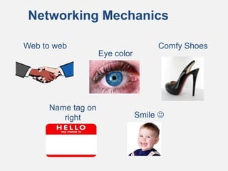 Networking Mechanics
Web to web
Eye color
Name tag on
right Smile 
Comfy Shoes
 