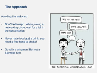 The Approach
Avoiding the awkward:
• Don’t interrupt. When joining a
networking circle, wait for a lull in
the conversation.
• Never have food and a drink, you
need a free hand to shake!
• Go with a wingman! But not a
Siamese twin
 