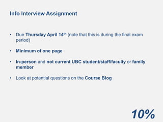 Info Interview Assignment
10%
• Due Thursday April 14th (note that this is during the final exam
period)
• Minimum of one page
• In-person and not current UBC student/staff/faculty or family
member
• Look at potential questions on the Course Blog
 