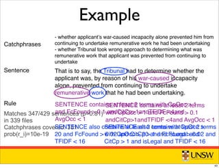SENTENCE contains at least 2 terms
with CpOcc  1 and FcFound  0.1
andCitCp1andTFIDF 4and AvgOcc  1
Example
Matches 347/429 sentences (p=0.81)
in 339 files
Catchphrases covered: 331
prob(r_i)=10e-19
That is to say, the Tribunal had to determine whether the
applicant was, by reason of his war-caused incapacity
alone, prevented from continuing to undertake
remunerative work that he had been undertaking.
SENTENCE also contains at least 2 terms
with CpOcc  20 and FcFound  0.02 and
CitCp  1 and isLegal and TFIDF  16
Catchphrases
Sentence
Rule
- whether applicantʼs war-caused incapacity alone prevented him from
continuing to undertake remunerative work he had been undertaking
- whether Tribunal took wrong approach to determining what was
remunerative work that applicant was prevented from continuing to
undertake
SENTENCE contains at least 2 terms with CpOcc  1
and FcFound  0.1 andCitCp1andTFIDF 4and
AvgOcc  1
SENTENCE also contains at least 2 terms with CpOcc 
20 and FcFound  0.02 and CitCp  1 and isLegal and
TFIDF  16
43
 