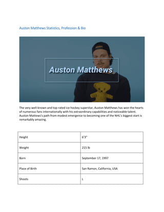 Auston Matthews Statistics, Profession & Bio
The very well-known and top-rated ice hockey superstar, Auston Matthews has won the hearts
of numerous fans internationally with his extraordinary capabilities and noticeable talent.
Auston Mattews's path from modest emergence to becoming one of the NHL’s biggest start is
remarkably amazing.
Height 6′3″
Weight 215 lb
Born September 17, 1997
Place of Birth San Ramon, California, USA
Shoots L
 